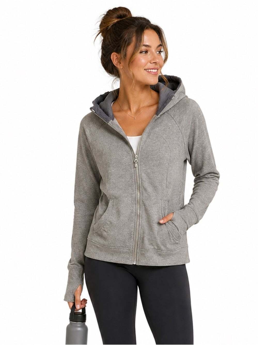 Lululemon Grey Hoodie Size 6 Hooded Ruched Ribbon Pockets Activewear Athleisure
